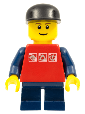 LEGO Red Shirt with 3 Silver Logos Dark Blue Short Legs Black Cap (twn085) Town / City Minifigure