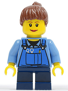 LEGO Overalls with Tools in Pocket Blue Reddish Brown Ponytail Hair Lipstick Dark Blue Short Legs (twn086) minifigure