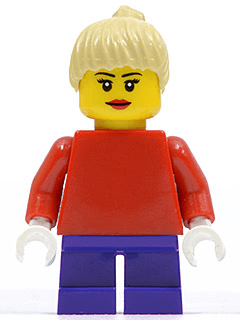 LEGO Plain Red Torso with Red Arms Dark Purple Short Legs Tan Female Ponytail Hair Black Eye (twn090a) Town / City Minifigure