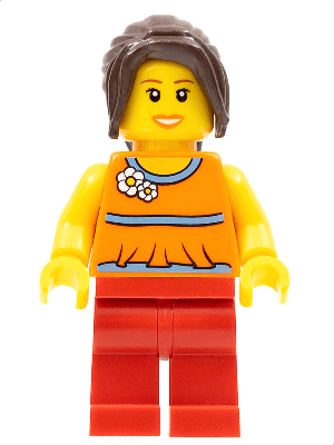 LEGO Orange Halter Top with Medium Blue Trim and Flowers Pattern Dark Brown Hair Ponytail Lon (twn098) Town / City Minifigure