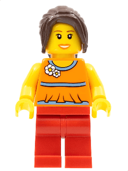 LEGO Orange Halter Top with Medium Blue Trim and Flowers Pattern Dark Brown Hair Ponytail Long with Side Bangs (twn098) minifigure