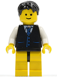 LEGO Black Vest with Blue Striped Tie Black Short Tousled Hair (twn104) Town / City Minifigure