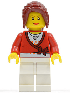 LEGO Sweater Cropped with Bow Heart Necklace Dark Red Hair Ponytail Long with Side Bangs (twn117) Town / City Minifigure