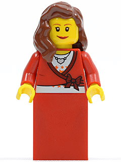 LEGO Sweater Cropped with Bow Heart Necklace Red Skirt Reddish Brown Female Hair over Shoulde (twn121) Town / City Minifigure