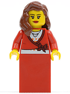 LEGO Sweater Cropped with Bow Heart Necklace Red Skirt Reddish Brown Female Hair over Shoulder Eyelashes and Smile (twn121a) minifigure