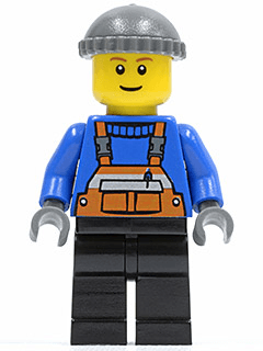 LEGO Overalls with Safety Stripe Orange Dark Bluish Gray Knit Cap Brown Eyebrows (twn123) Town / City Minifigure
