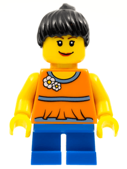 LEGO Orange Halter Top with Medium Blue Trim and Flowers Pattern Blue Short Legs Black Ponytail Hair (twn142) minifigure