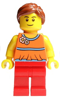 LEGO Orange Halter Top with Medium Blue Trim and Flowers Pattern Reddish Brown Ponytail and Swept Sideways Fringe (twn172) minifigure