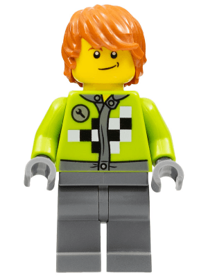 LEGO Lime Jacket with Wrench and Black and White Checkered Pattern Dark Orange Hair Crooked S (twn184) Town / City Minifigure