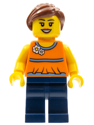 LEGO Orange Halter Top with Medium Blue Trim and Flowers Pattern Reddish Brown Ponytail and S (twn185) Town / City Minifigure