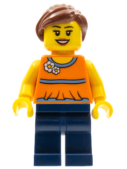 LEGO Orange Halter Top with Medium Blue Trim and Flowers Pattern Reddish Brown Ponytail and Swept Sideways Fringe (twn185) minifigure