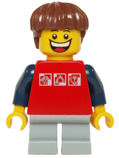 LEGO Red Shirt with 3 Silver Logos Light Bluish Gray Short Legs Reddish Brown Hair (twn205) minifigure
