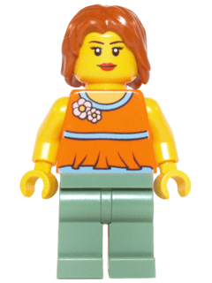 LEGO Orange Halter Top with Medium Blue Trim and Flowers Pattern Dark Orange Hair (twn206) Town / City Minifigure