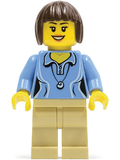 LEGO Medium Blue Female Shirt with Two Buttons and Shell Pendant Dark Brown Bob Cut Hair (twn207) minifigure