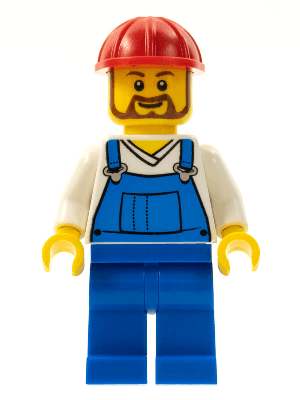 LEGO Overalls Blue over V-Neck Shirt Red Construction Helmet Beard (twn210) Town / City Minifigure