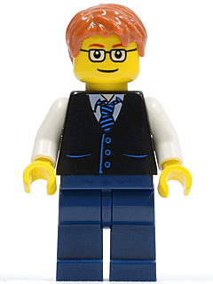 LEGO Black Vest with Blue Striped Tie Dark Orange Short Tousled Hair Rectangular Glasses (twn211) Town / City Minifigure