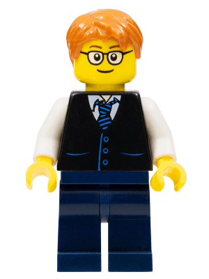 LEGO Black Vest with Blue Striped Tie Dark Orange Short Tousled Hair Rounded Glasses (twn211a) Town / City Minifigure