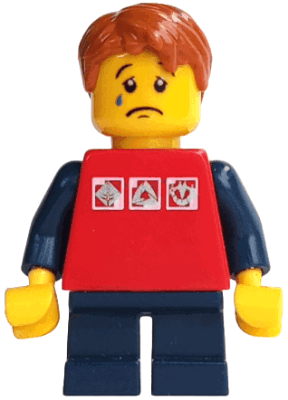 LEGO Red Shirt with 3 Silver Logos Dark Blue Short Legs Dark Orange Hair (twn214) Town / City Minifigure
