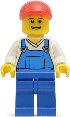 LEGO Overalls Blue over V-Neck Shirt Red Short Bill Cap Grin with Teeth (twn216) Town / City Minifigure