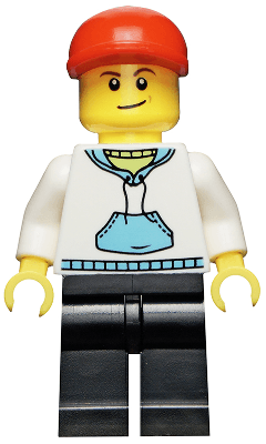 LEGO White Hoodie with Medium Blue Pocket Red Short Bill Cap Crooked Smile (twn225) minifigure
