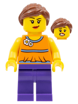 LEGO Orange Halter Top with Medium Blue Trim and Flowers Pattern Dark Purple Legs Reddish Brown Ponytail and Swept Sideways Fringe (twn230) minifigure