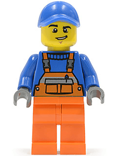 LEGO Overalls with Safety Stripe Orange Blue Cap with Hole Lopsided Grin (twn232) minifigure