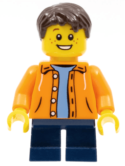 LEGO Orange Jacket with Hood over Light Blue Sweater Dark Blue Short Legs Dark Brown Short Tousled Hair (twn267) minifigure