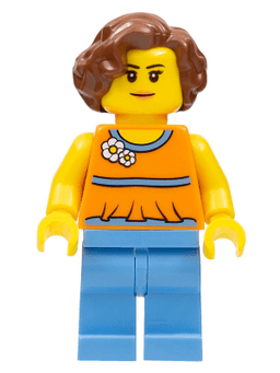 LEGO Orange Halter Top with Medium Blue Trim and Flowers Pattern Reddish Brown Hair Short Wavy (twn276) minifigure