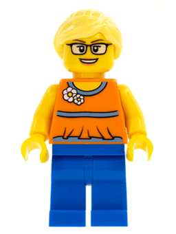 LEGO Orange Halter Top with Medium Blue Trim and Flowers Pattern Bright Light Yellow Ponytail and Swept Sideways Fringe (twn279) minifigure