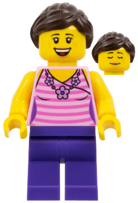 LEGO Female Dark Pink Striped Top Dark Purple Legs Dark Brown Hair Ponytail and Swept Sideway (twn288) Town / City Minifigure