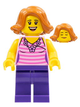 LEGO Woman Striped Pink Shirt with Flower Necklace Dark Purple Legs Dark Orange Female Hair Short Swept Sideways (twn330) minifigure