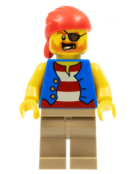 LEGO Pirate Man Striped Red and White Shirt Under Blue Vest Red Bandana Left Eye Patch and 3 Gold Teeth (twn332) minifigure