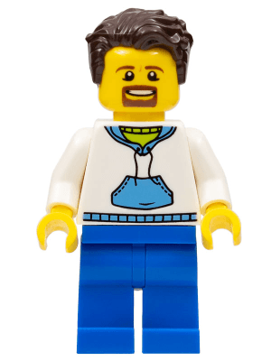 Ludo Blue - Male, White Hoodie with Medium Blue Pocket, Blue Legs, Dark Brown Tousled Hair, Goatee