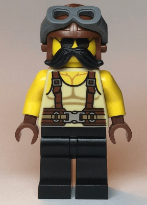 LEGO Man Tan Tank Top Black Moustache Reddish Brown Suspenders and Aviator Cap with Dark Blui (twn379) Town / City Minifigure