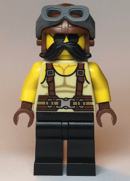 LEGO Man Tan Tank Top Black Moustache Reddish Brown Suspenders and Aviator Cap with Dark Bluish Gray Goggles (twn379) minifigure