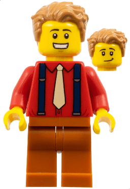 LEGO Male Medium Nougat Hair Red Shirt Tan Tie Dark Blue Suspenders (twn386) minifigure