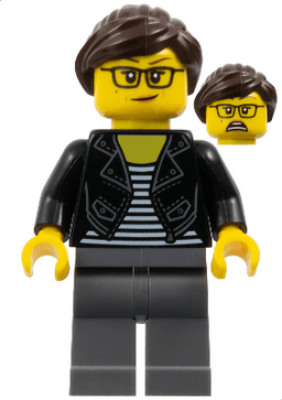 LEGO Female with Striped Black and White Shirt Dark Brown Hair (twn391) minifigure