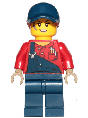 LEGO Female Mechanic with Dark Blue Overalls and Legs Dark Orange Ponytail with Dark Blue Bal (twn395) Town / City Minifigure