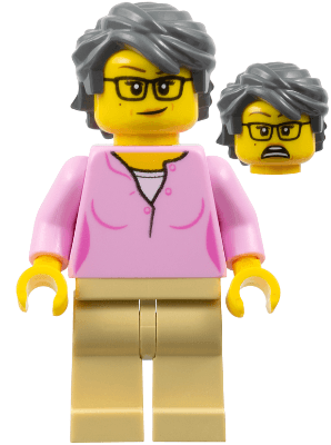 LEGO Woman Bright Pink Shirt Dark Bluish Gray Swept Back Tousled Hair (twn438) Town / City Minifigure