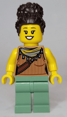LEGO Woman Medium Nougat Tank Top with Reddish Brown Ribbing and Should Bag Dark Brown Coiled Hair in High Bun (twn442) minifigure