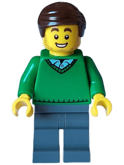 Mover - Male, Green V-Neck Sweater, Dark Bluish Gray Legs, Dark Brown Hair