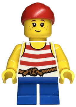 Child - Girl, Pirate Costume, White Tank Top with Red Stripes, Blue Short Legs, Red Bandana