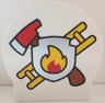 Duplo, Brick 1 x 2 x 2 Round Top, Cut Away Sides with Crossed Fire Axe and Yellow Ladder Behind Silver Shield with Flames Pattern
