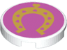 Tile, Round 2 x 2 with Bottom Stud Holder with Gold Horseshoe with Hearts on Dark Pink Background Pattern