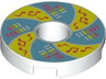 Tile, Round 2 x 2 with Hole with Bright Light Yellow and Medium Blue Rotating Panels, Coral  and Reddish Orange Equalizer Bars and Music Notes Pattern