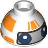 Brick, Round 1 1/2 x 1 1/2 x 2/3 Dome Top with SW RJ-83 Droid Head, Orange Stripes and Dark Blue Eyes on Silver Background Pattern 