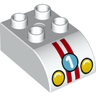 Duplo, Brick 2 x 3 Slope Curved with Yellow Headlights, Red Stripes, and Number 1 on Medium Azure Circle Pattern
