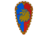 Minifigure, Shield Oval with Gold Border and Lion Head on Blue and Red Background Pattern