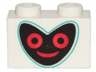 Brick 1 x 2 with Black Heart Shape Face with Dark Turquoise Outline and Red Eyes and Mouth Pattern