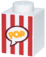 Brick 1 x 1 with Red Vertical Stripes and Yellow 'POP' in Speech Bubble Pattern (Popcorn Box)